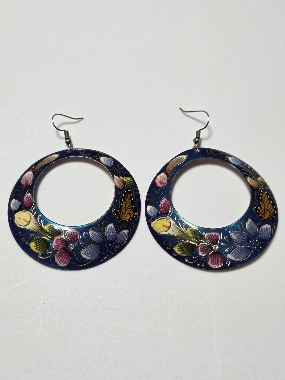 Vintage Hand Painted Copper Butterfly Flower Dangle Earrings Large